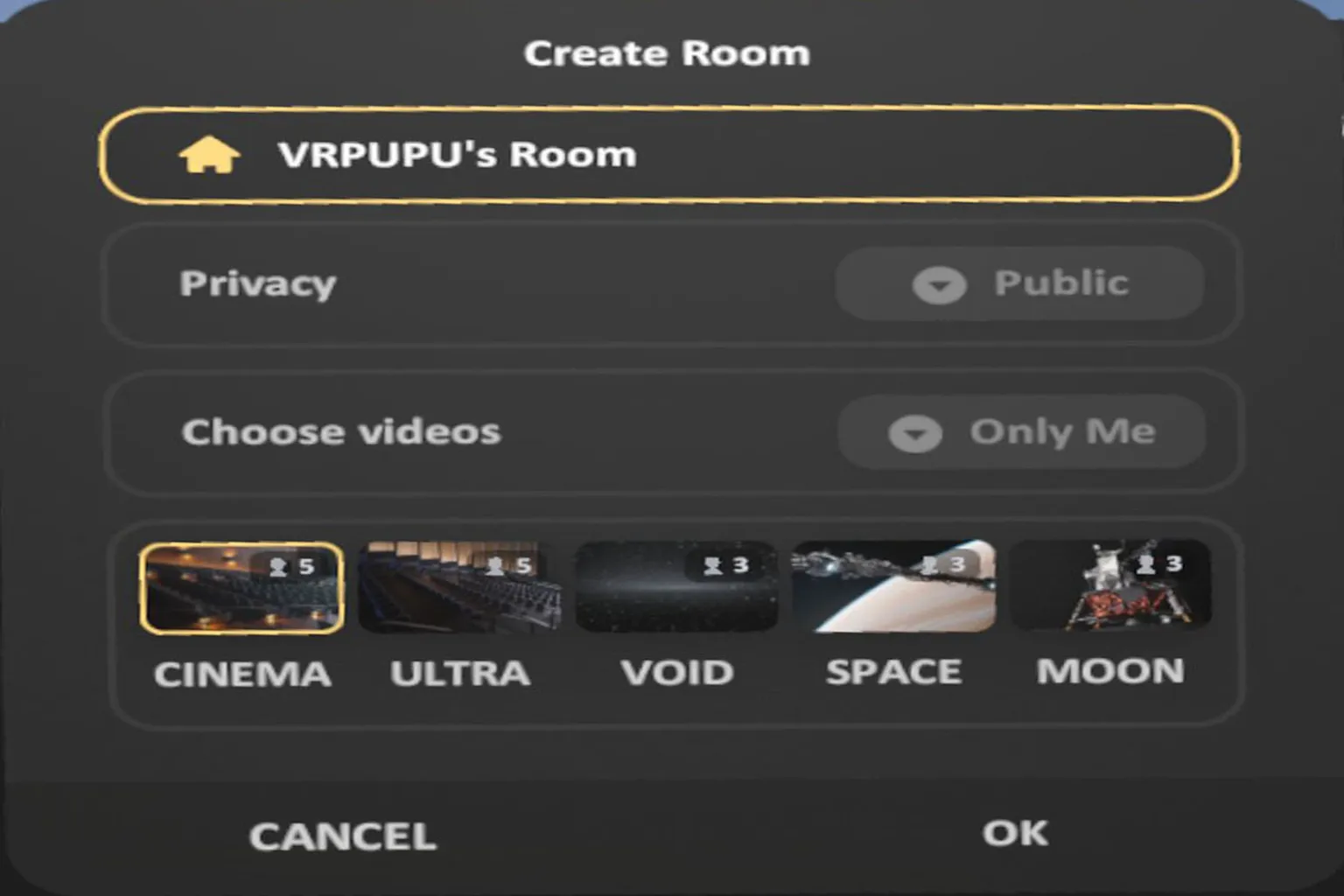 When creating a room, you can choose a scene such as a cinema or space station, with participant limits depending on the scene.