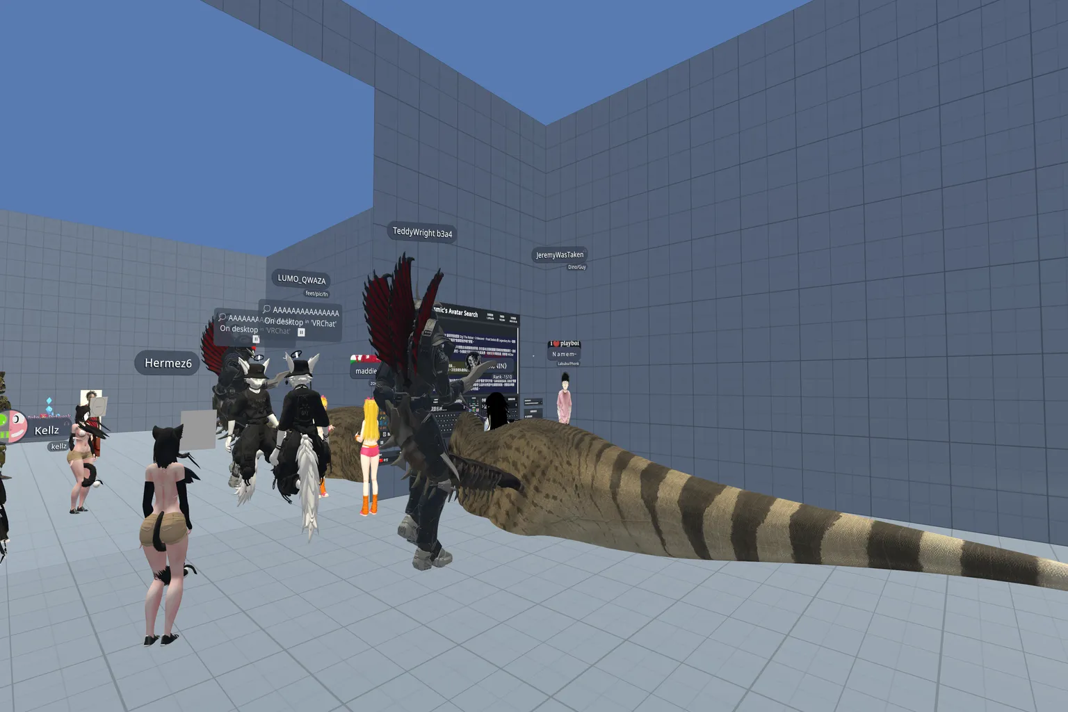 VRChat players trying on avatars inside the Prismic’s Avatar Search world, with various humanoid and furry avatars gathered