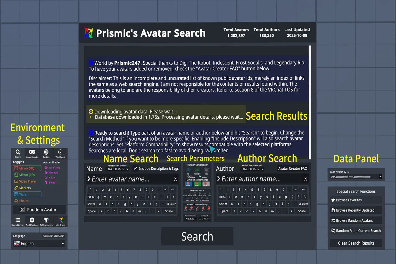 Prismic Avatar Search search panel allowing players to enter avatar names or creators and apply filter conditions