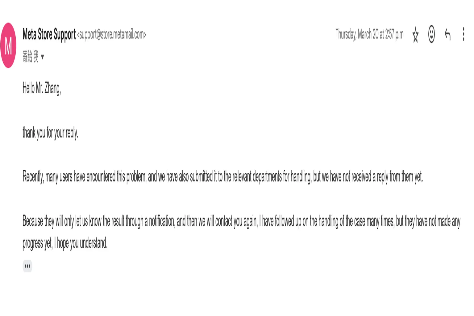 Meta Store Support response explaining they cannot handle the issue directly and that the case is waiting for an internal team reply.