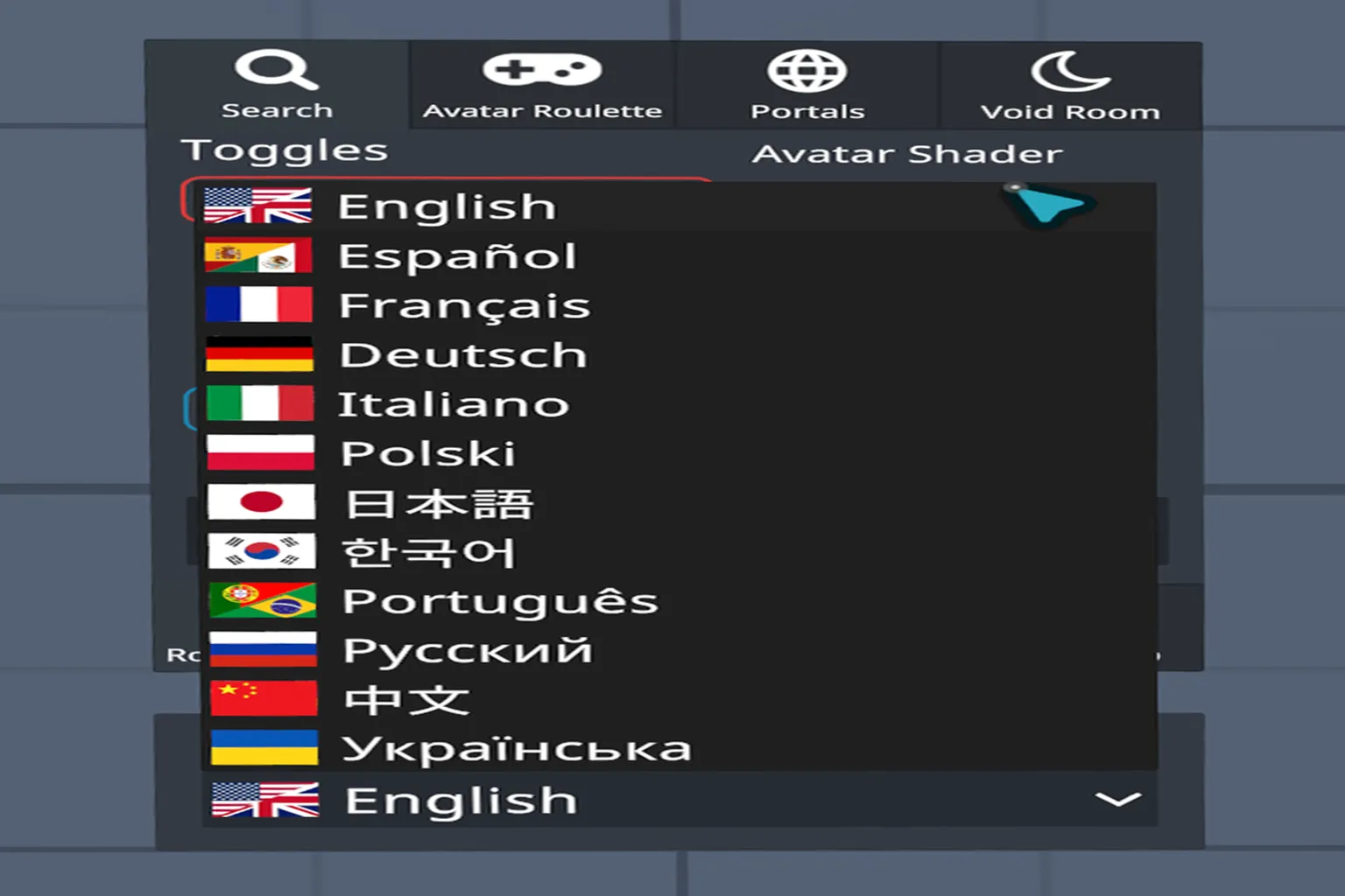 Prismic Avatar Search language menu supporting multiple languages including English, Japanese, Chinese, and Korean