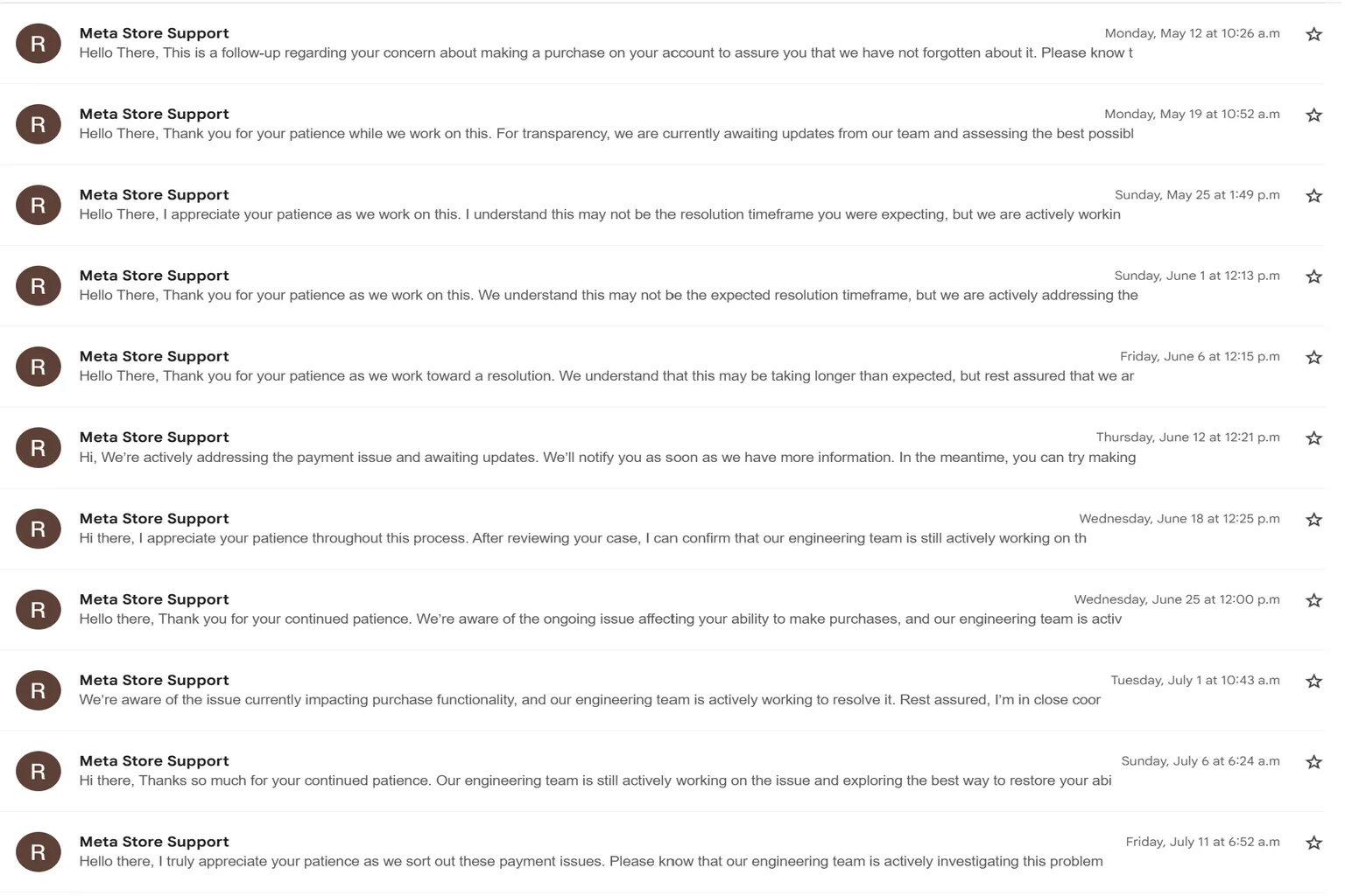 Weekly automated replies from Meta Store Support stating the case is still being processed, with no progress updates.