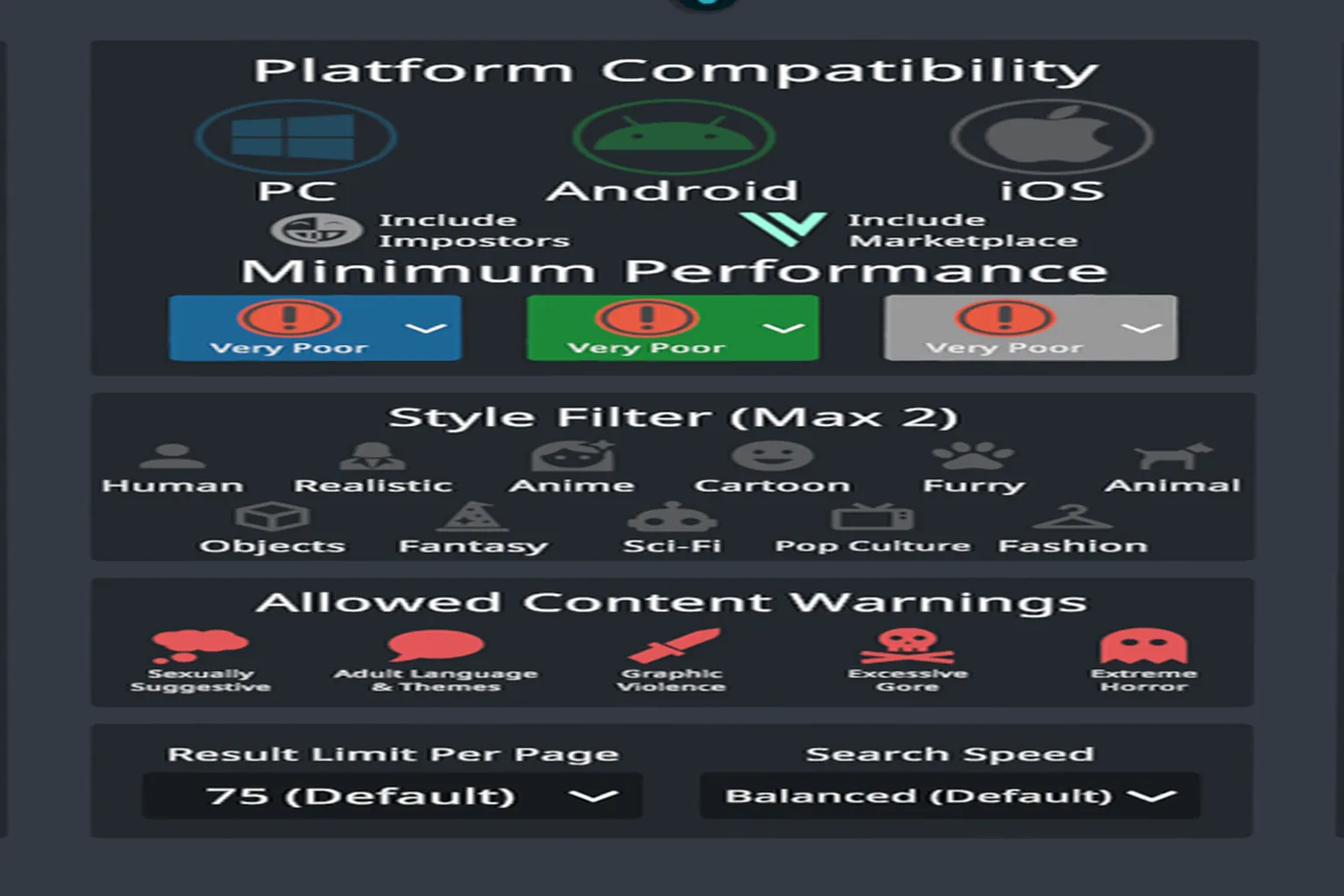 Prismic Avatar Search control options showing platform compatibility, style filters, and allowed content settings