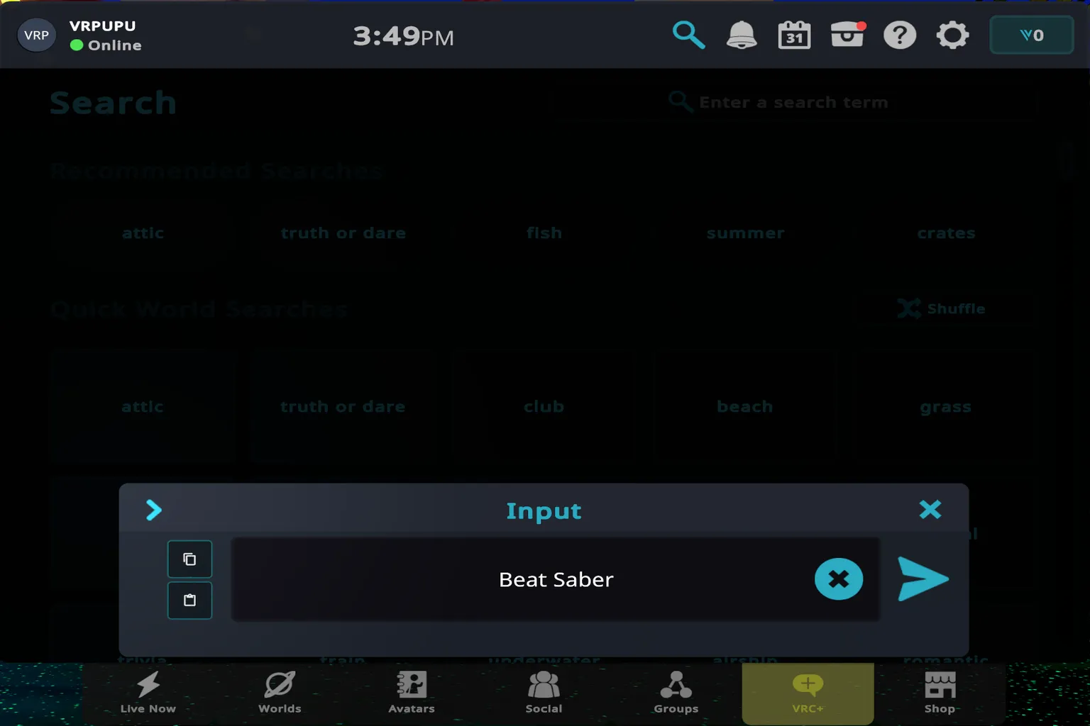 Player manually typing keywords into the VRChat search input field to find worlds