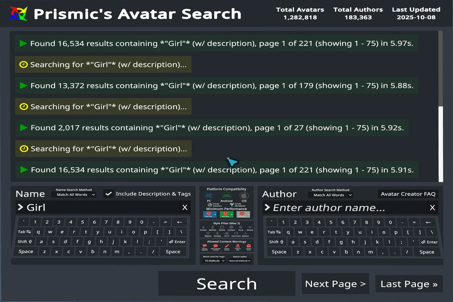 Prismic Avatar Search with lowered search quality showing 40 avatar results