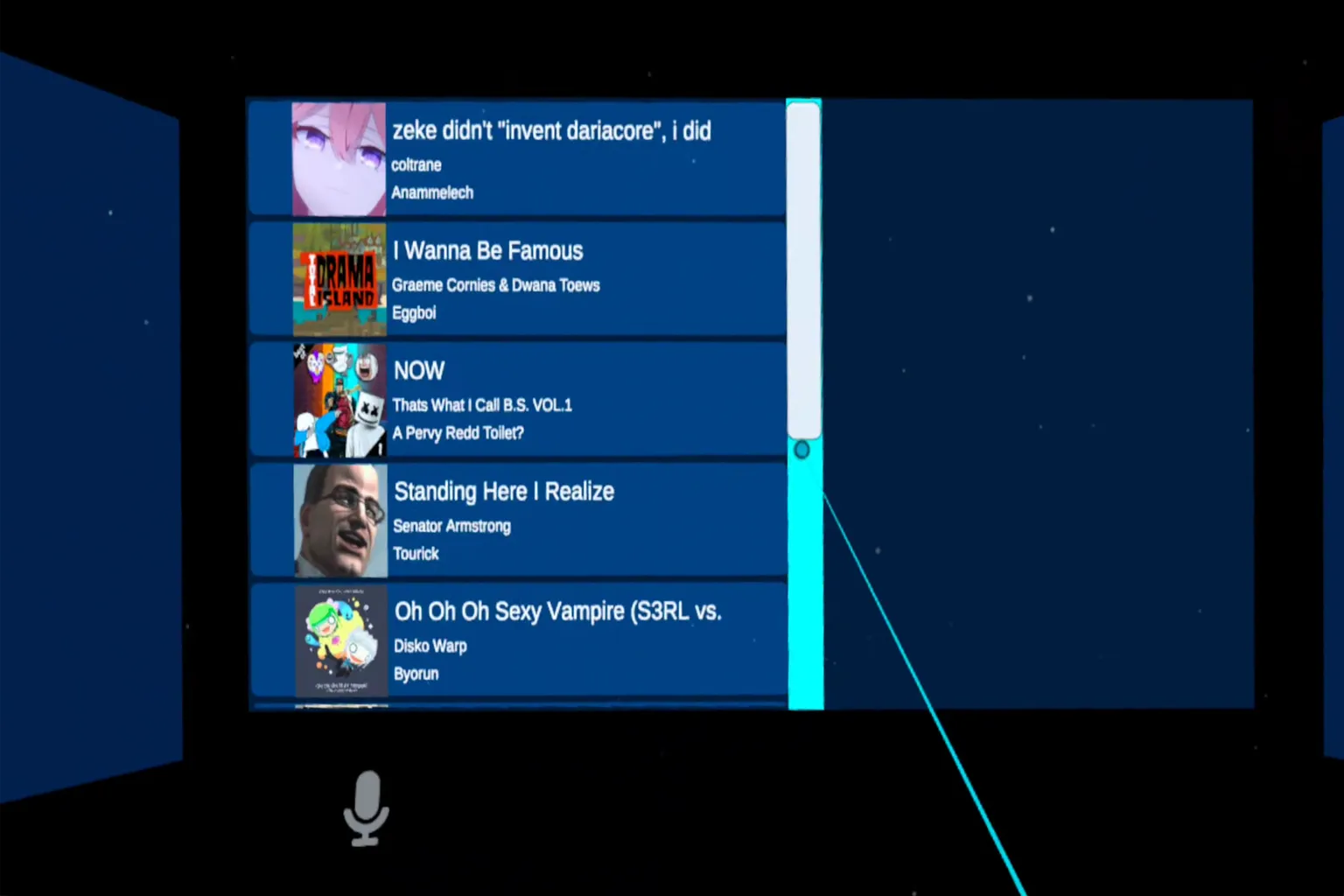 VRChat Beat Saber title screen displaying a list of available music tracks to choose from