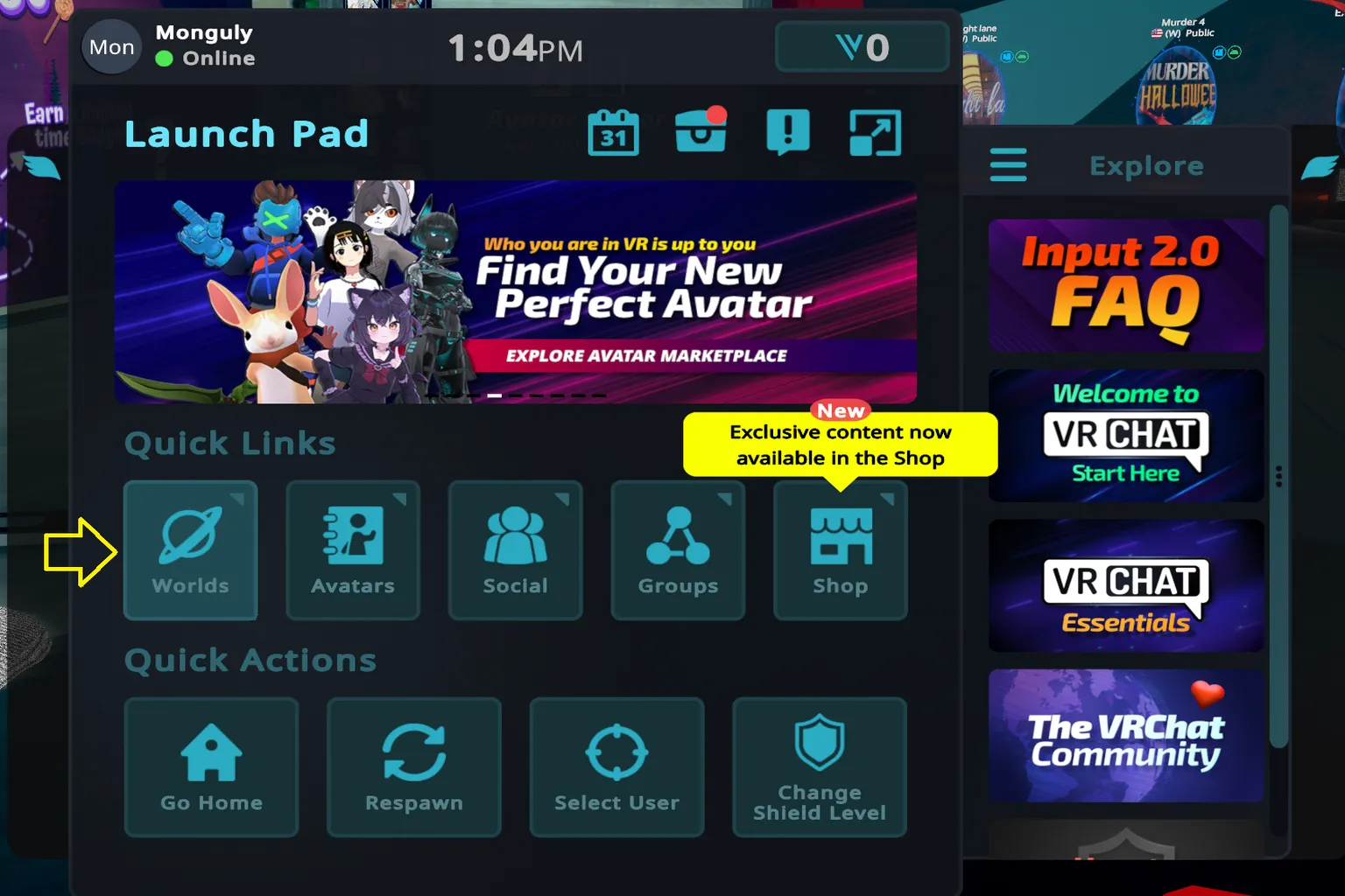 VRChat main menu screen showing the location of the Worlds button, which opens the world list and serves as the starting point for entering new worlds