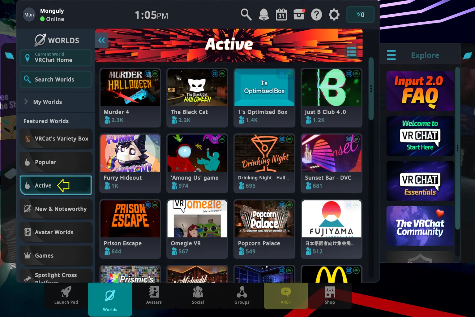 VRChat world list screen with the Active tab selected, displaying worlds that currently have the highest number of players