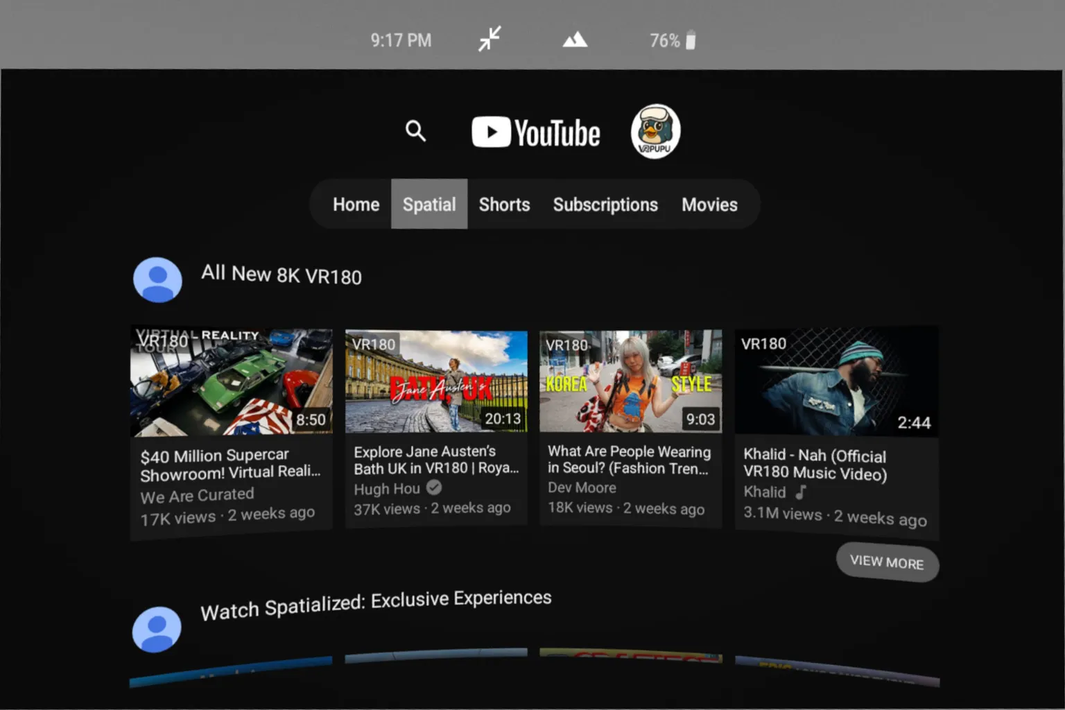 YouTube VR main screen showing VR video categories, with the VRPUPU icon visible in the top-right corner.