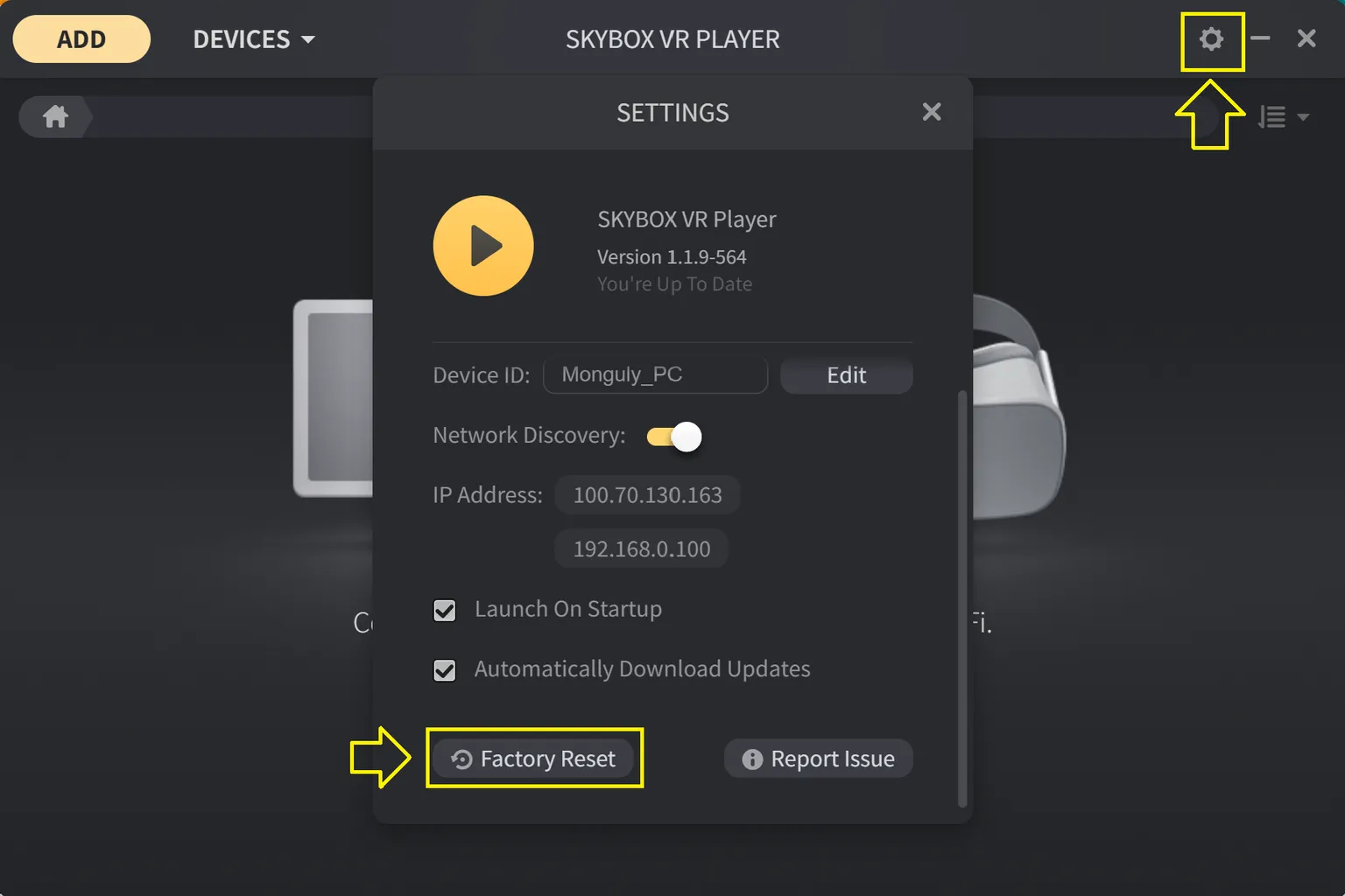 Skybox VR Player settings page with arrows pointing to the gear icon and Factory Reset button, instructing the user to reset the software and reconnect