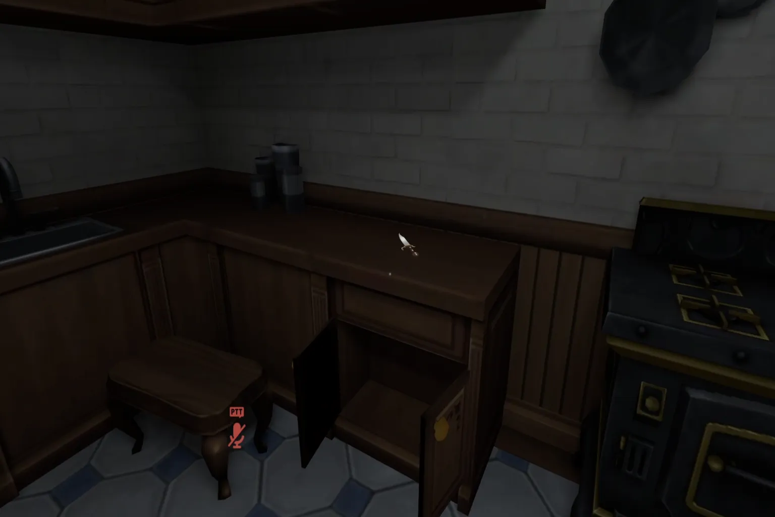Small knife placed on a desk, representing the start of the hunt when picked up by the murderer role