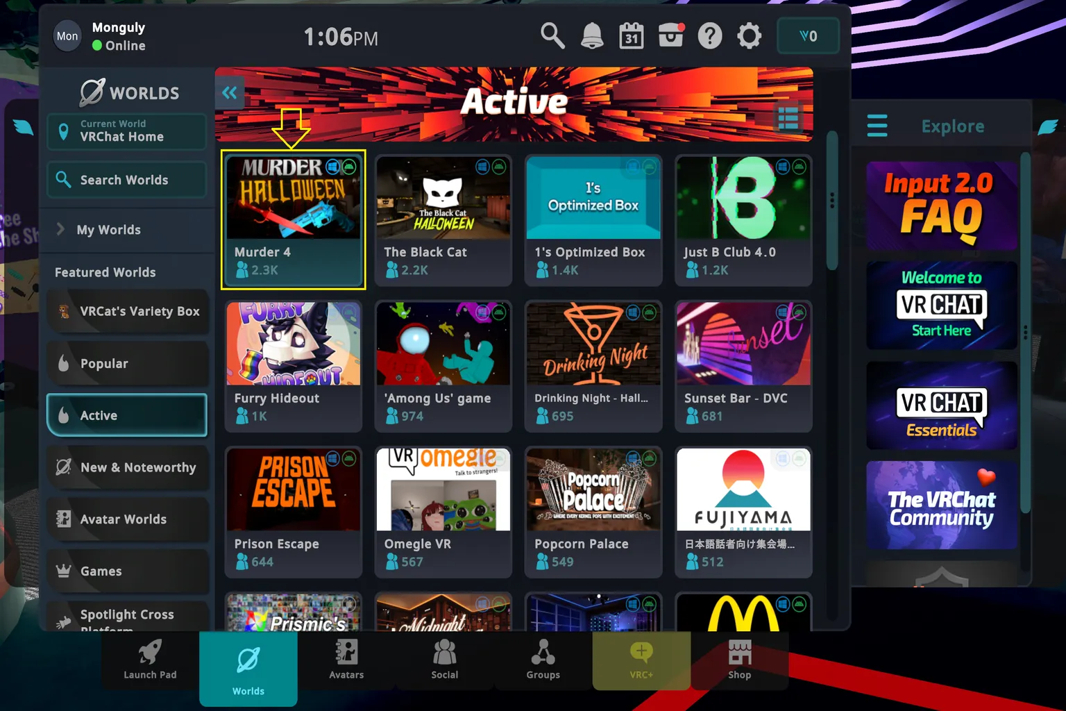 VRChat Active worlds list highlighting “Murder 4,” a popular party-style world where many players gather