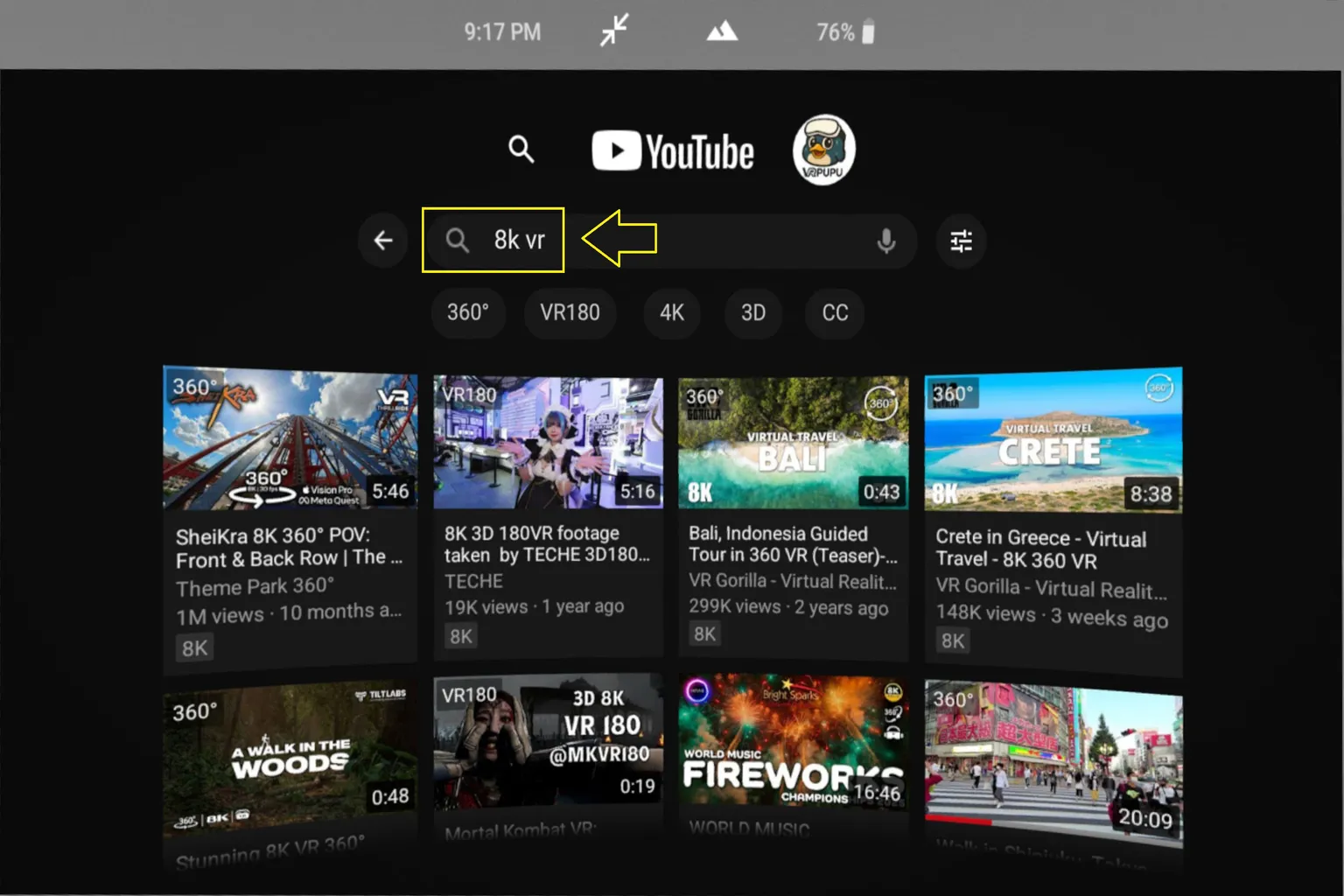 Searching for “8K VR” in YouTube VR, displaying rows of 8K video thumbnails including travel scenes and roller coaster rides.