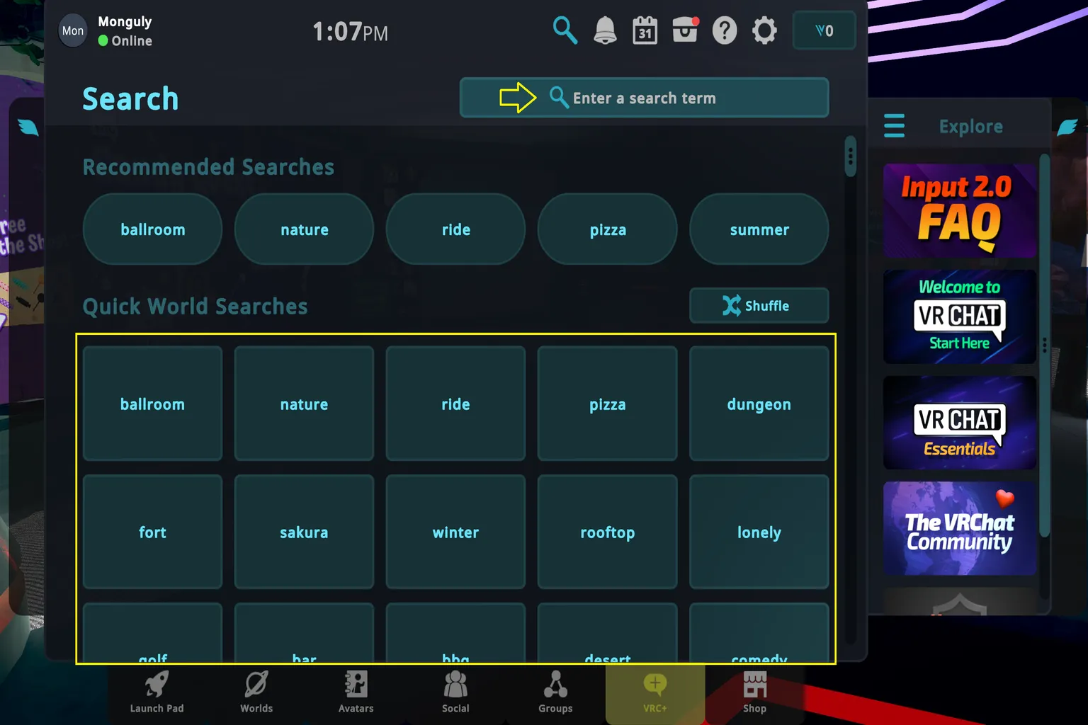 VRChat world search page showing the input field at the top where players can enter a world name