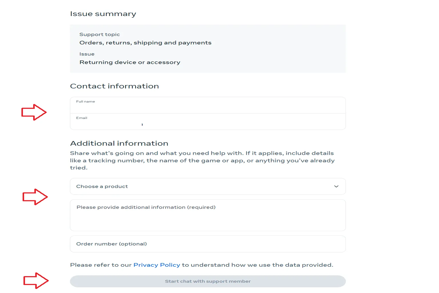 Meta Support contact form page for returning a device or accessory, showing fields for name, email, product selection, additional information, and a greyed-out “Start chat with support member” button.