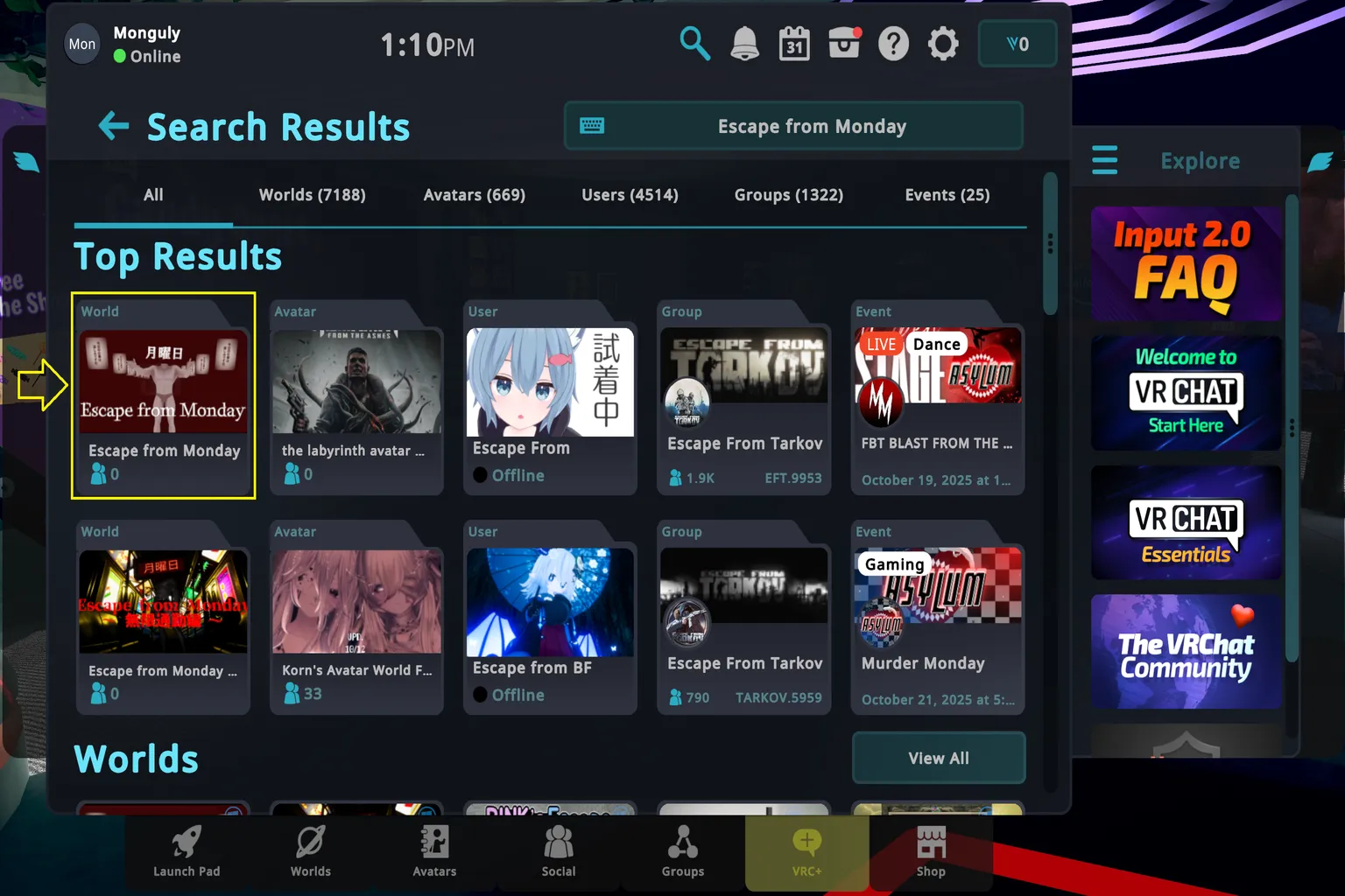 VRChat search results displaying the world “Escape from Monday,” ready to be selected