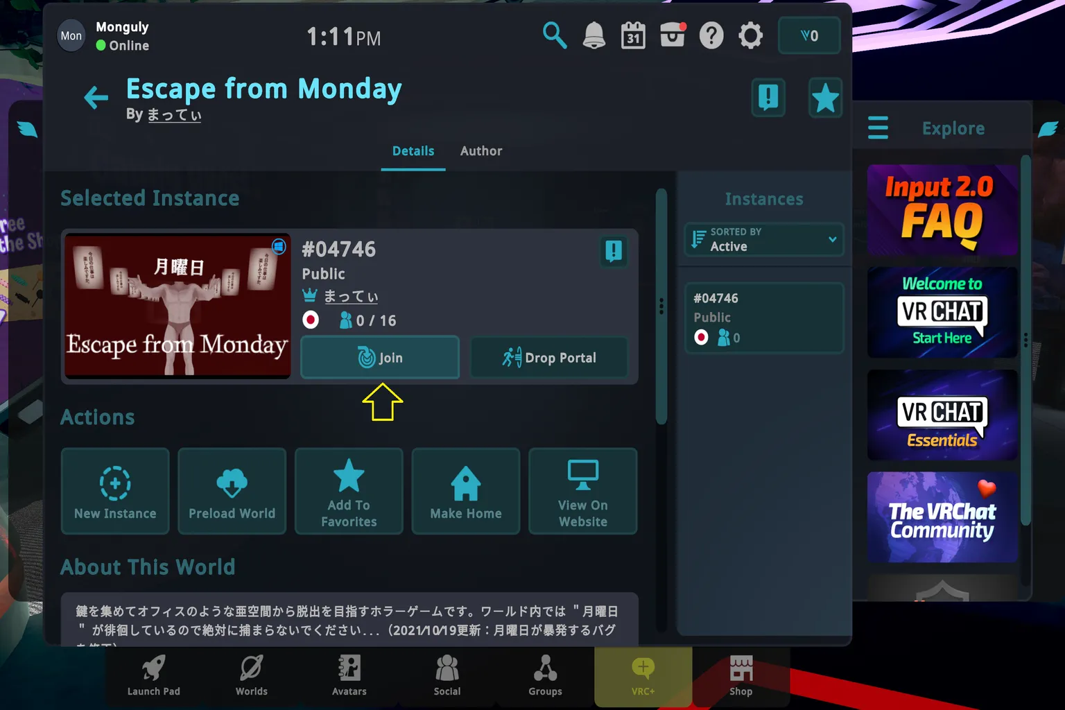 VRChat world detail page for “Escape from Monday” with the Join button visible to enter the world
