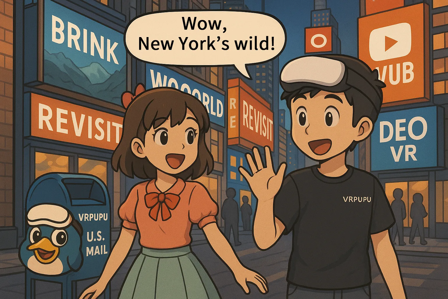 Gugu and Mengmeng walk through the streets of New York, surrounded by glowing signs for Brink, Wooorld, Revisit, and DeoVR. Mengmeng smiles and says the city feels lively, with a VRPUPU post and neon-lit streetscape in the background.