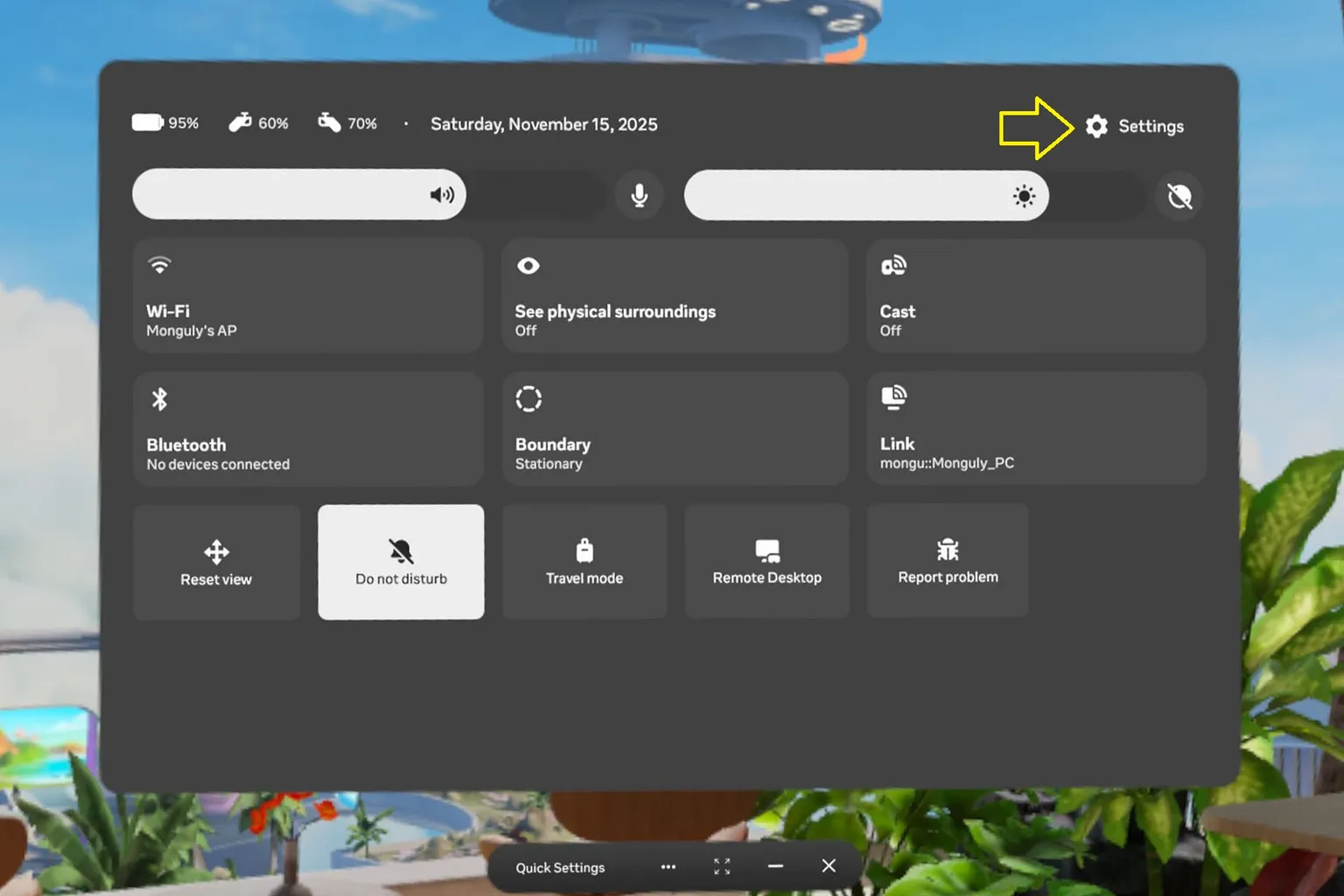 The Meta Quest quick settings screen. The user taps the gear icon in the top right to open detailed settings related to the camera and syncing.