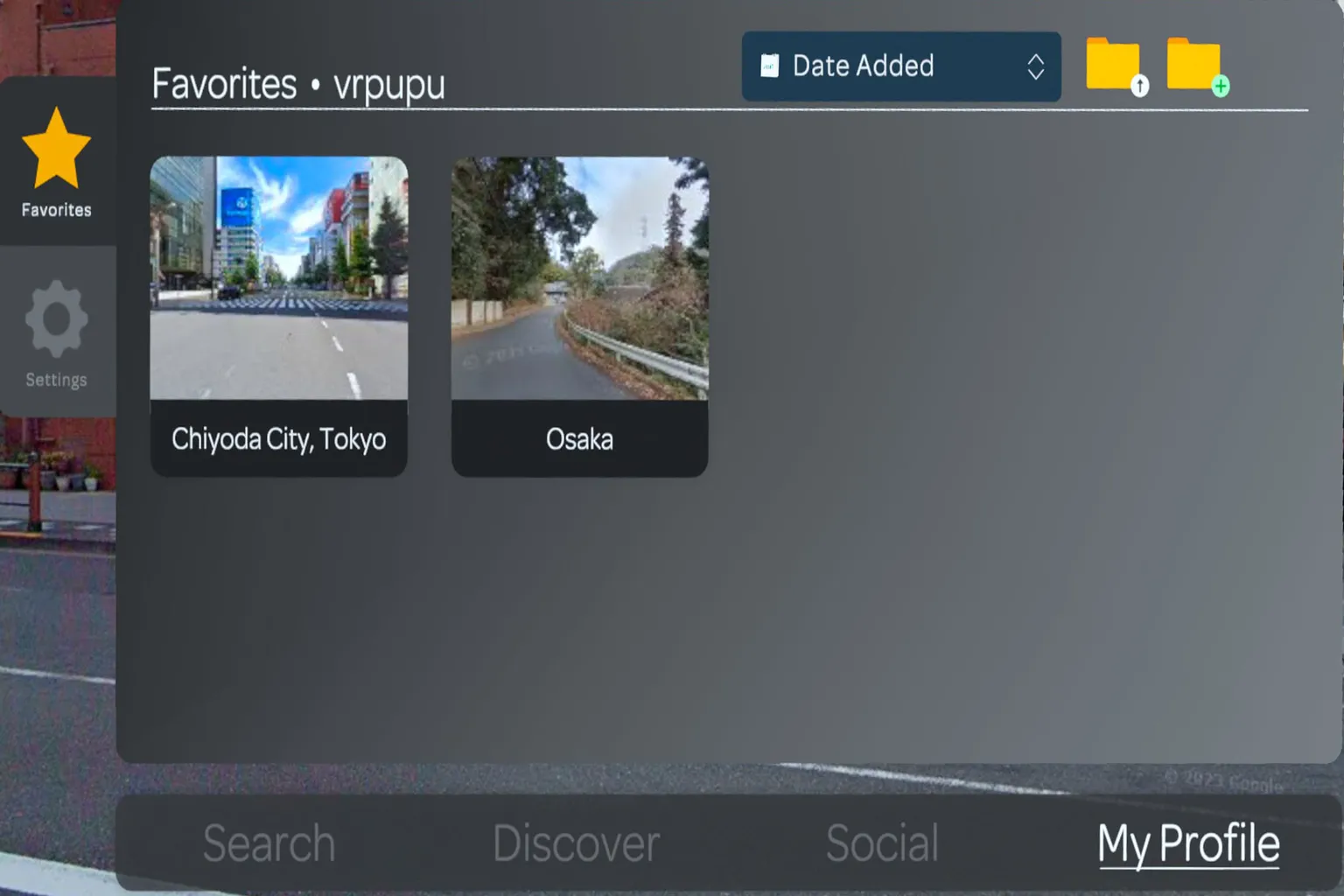 Favorites list showing two saved locations, with real-world thumbnails of Chiyoda City in Tokyo and Enmore Street in the United Kingdom.
