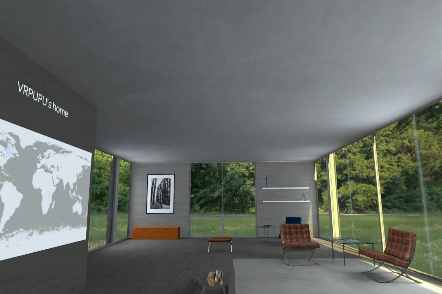 A modern small house located in a forest, featuring a large screen inside that allows instant travel to locations around the world.