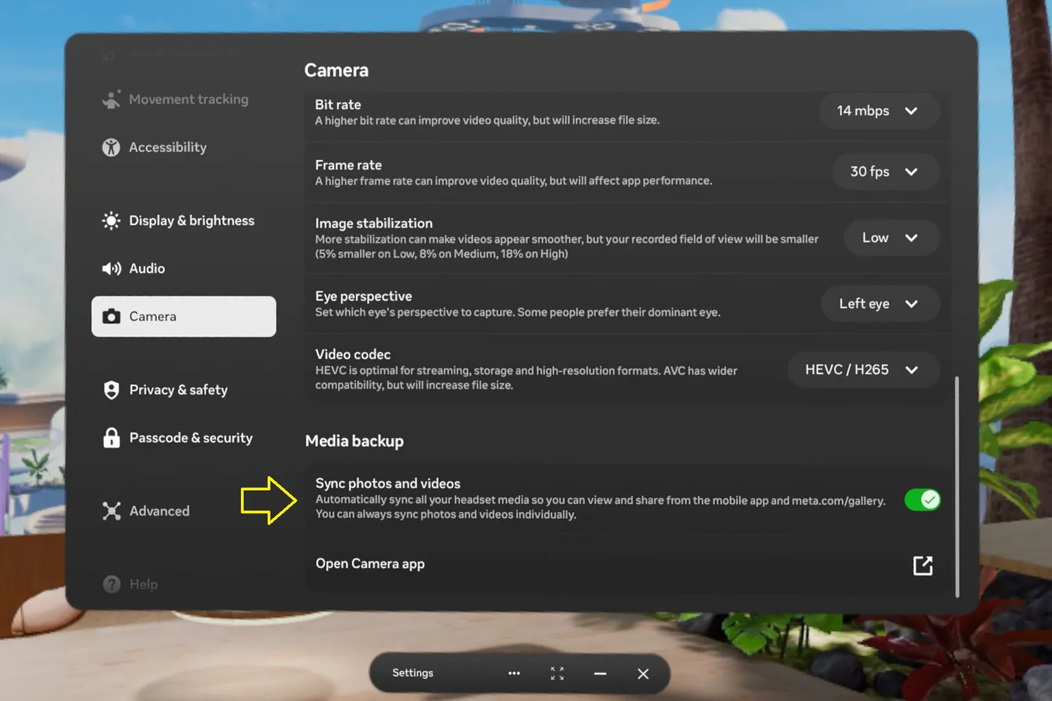 The Meta Quest camera settings page, where the photo and video sync toggle is visible and ready to enable cloud backup.