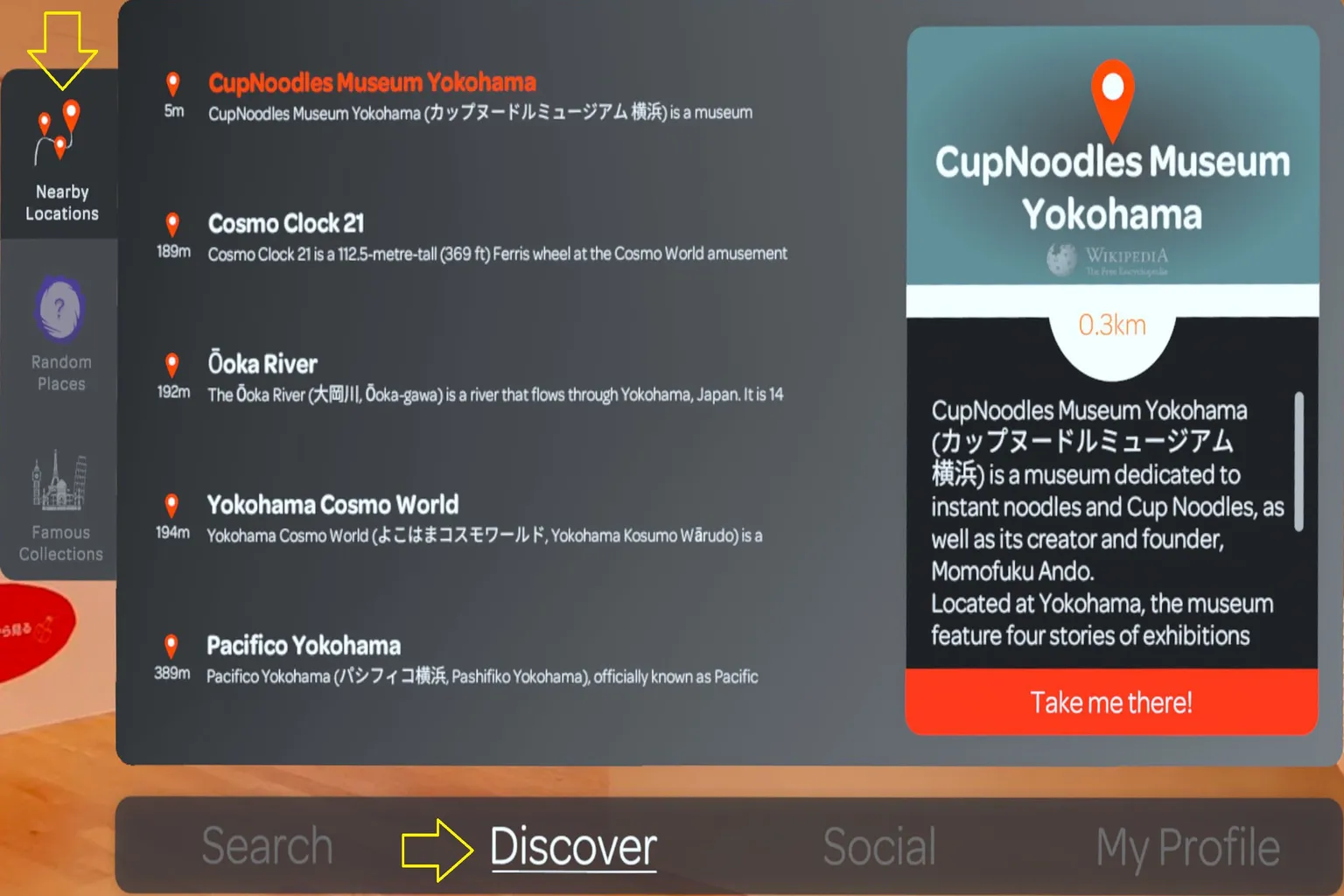 Wander “Nearby Places” menu listing locations such as Prambanan, Candi Soka, and Garuda Aviation Memorial, indicating they can be explored by clicking.