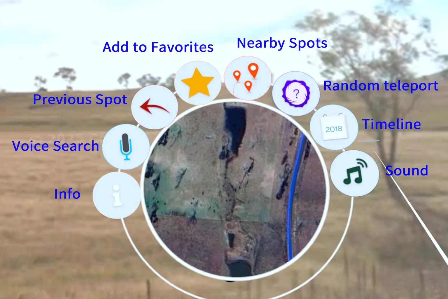 Wander main control interface showing buttons for voice search, timeline, add to favorites, and random travel, with a rural landscape in Australia displayed in the background.