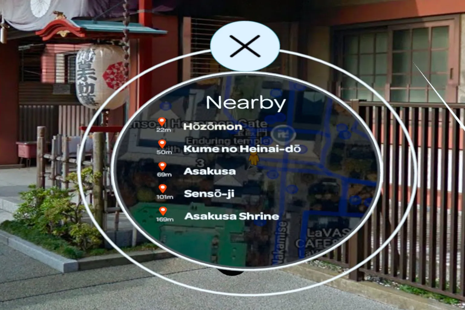 List of locations around Akihabara, Tokyo, showing spots such as Radio Kaikan and train stations, with the real city streetscape visible behind the menu.