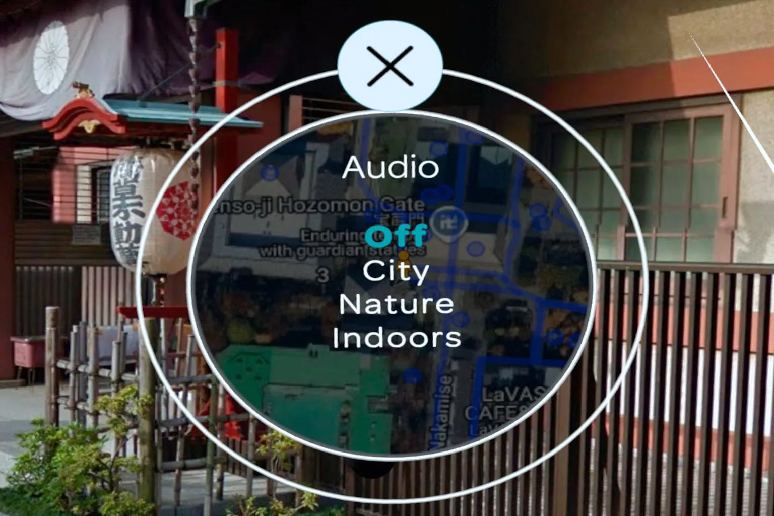 Wander sound settings menu offering city, nature, and indoor ambient sound options, with an aerial view of a city displayed behind the interface.