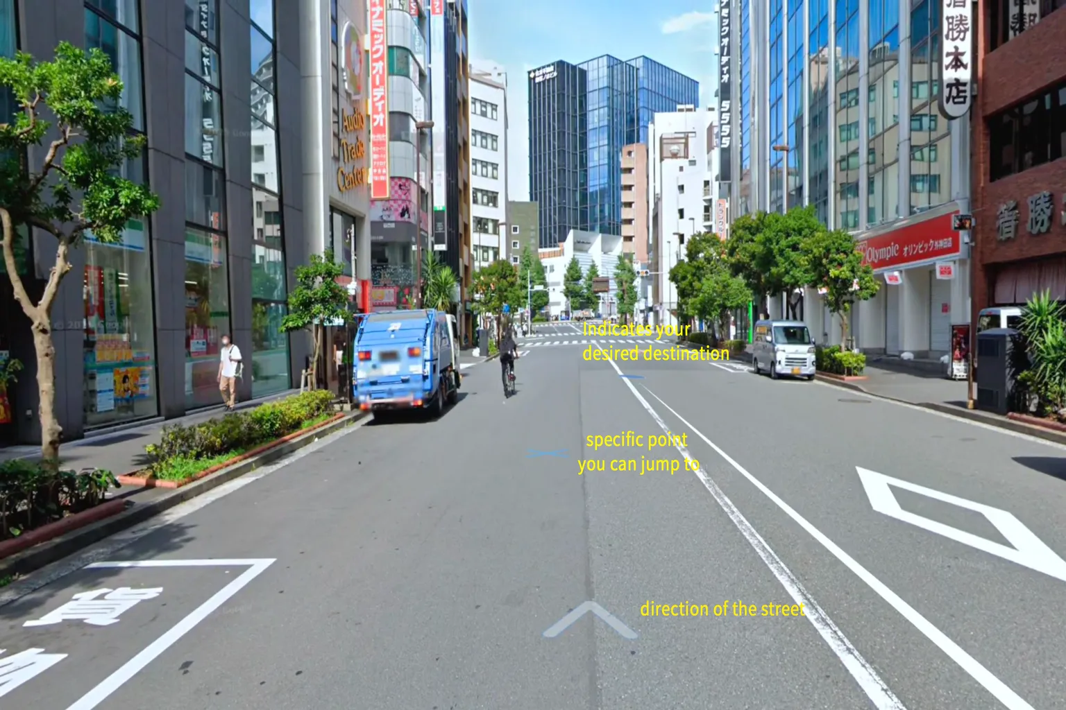 Wander tutorial screen demonstrating city navigation controls, with labels for destination, reachable areas, and direction of movement, while a cyclist and a garbage truck pass through the street.