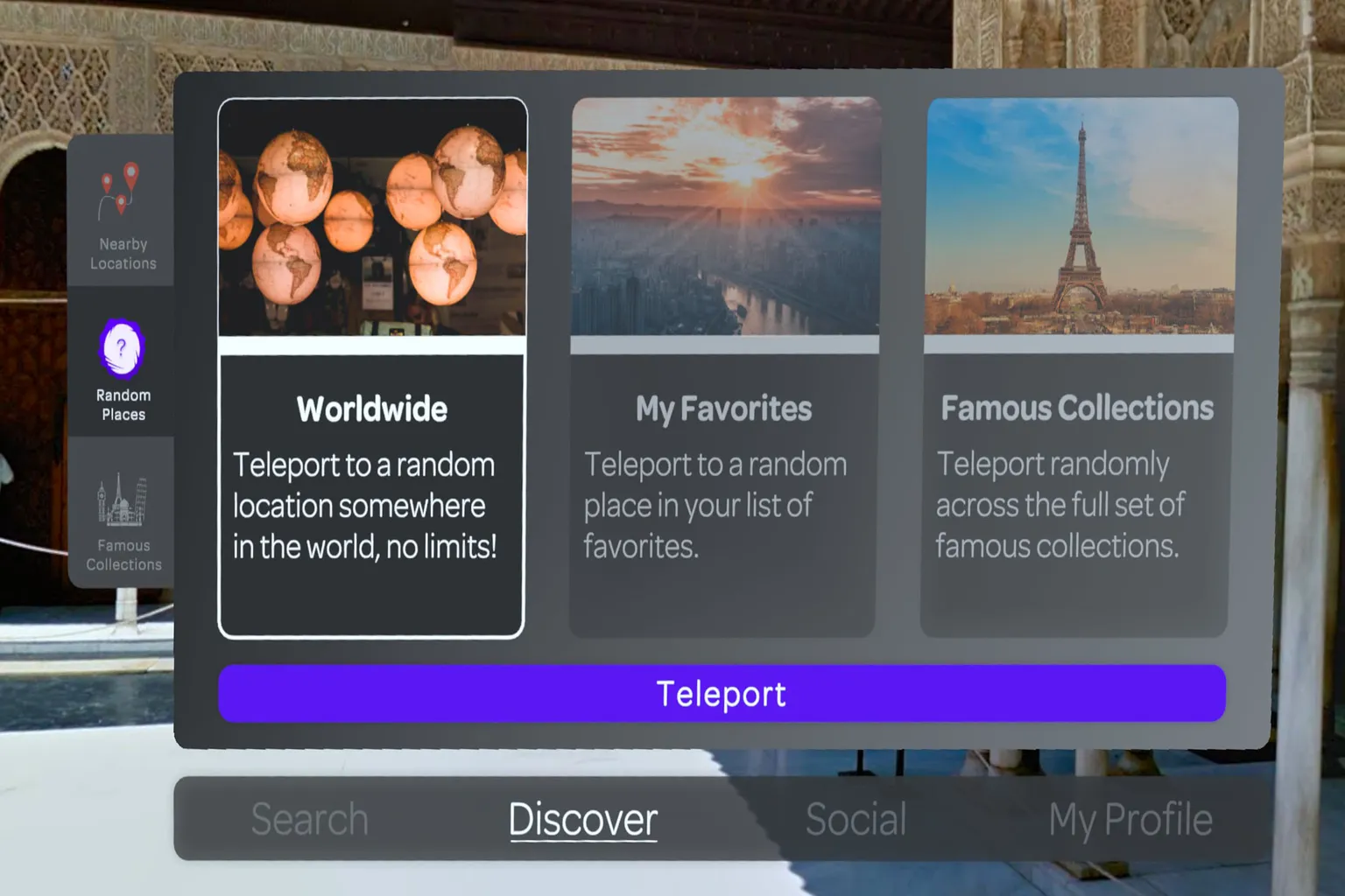 Wander random destination feature with a left-side menu showing “Worldwide” and “Featured Collections,” and an illuminated Earth with the Eiffel Tower displayed in the center.