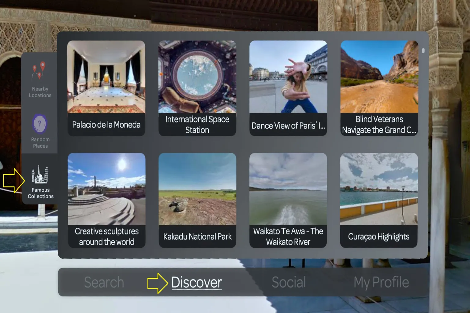 Wander featured collections screen displaying various exploration spots, including Paris train stations, a space station, and landmarks from around the world.