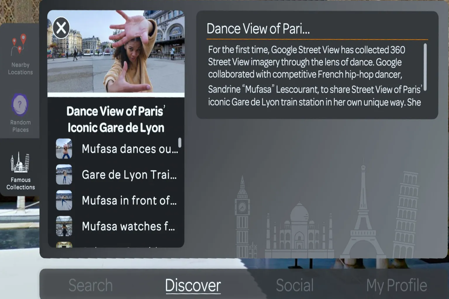 Wander Paris “Dance View of Paris” location preview, showing a dancer reaching out in a city street scene with Chinese description text on screen.