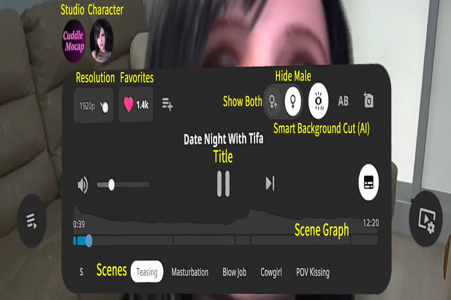 An explanation screen for the SLR video control panel. The layout shows buttons for resolution, scene switching, favorites, gender display toggle, passthrough mode, and other controls, making each button’s position clear.