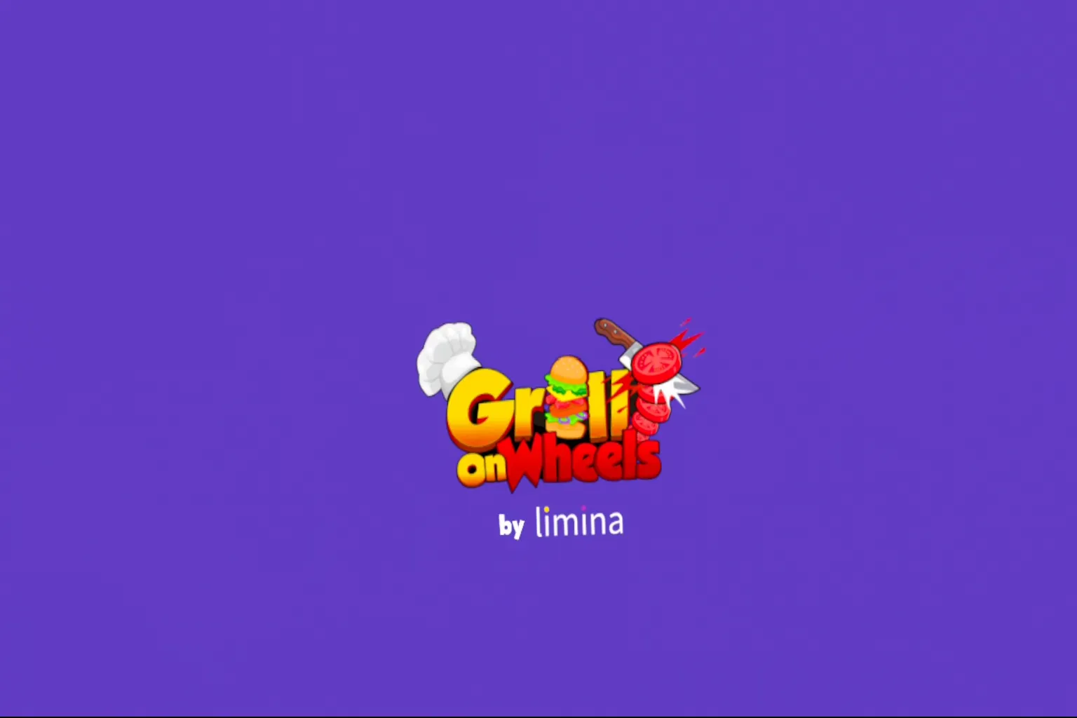 Grill on Wheels startup screen. A cute logo with a hamburger and a tomato knife is displayed in the center.