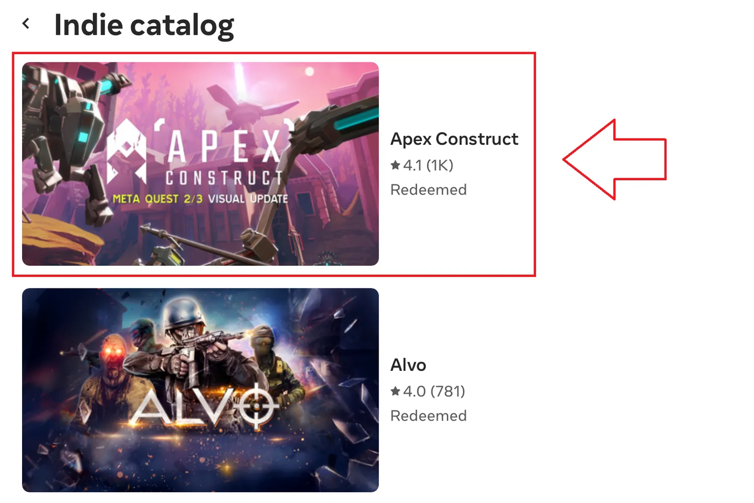 Meta Horizon+ indie game catalog screen. These games are unlocked through the subscription and are not actually purchased, so Cross-Buy rights are not included.