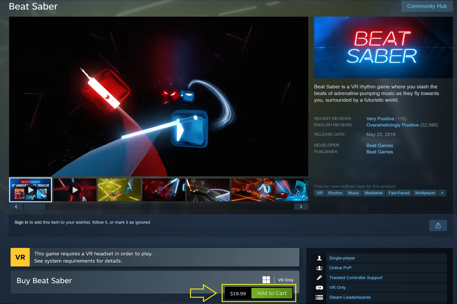 Steam Store purchase page for Beat Saber. Only the VR version is shown, with no mention of Meta Cross-Buy or Rift/Quest compatibility. This means buying it on Steam does not include Cross-Buy.