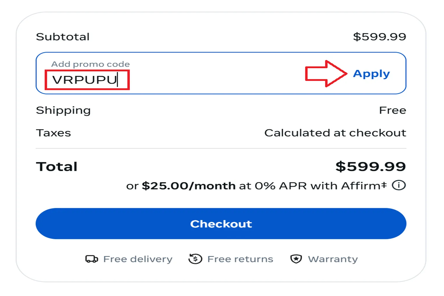 Meta Store checkout screen showing the manual promo code entry field, with the user clicking the Apply button to activate the VRPUPU code