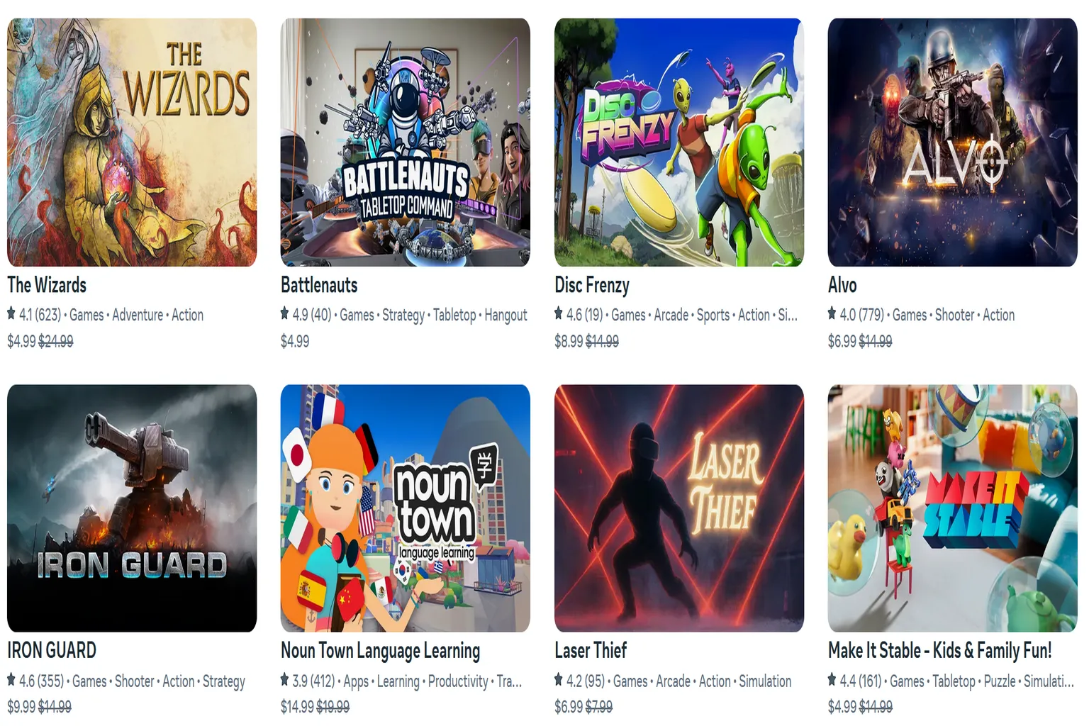 The Meta Quest Store indie game recommendations page, with a wide selection of VR game thumbnails including ALVO, The Wizards, Iron Guard, Laser Thief, noun town.