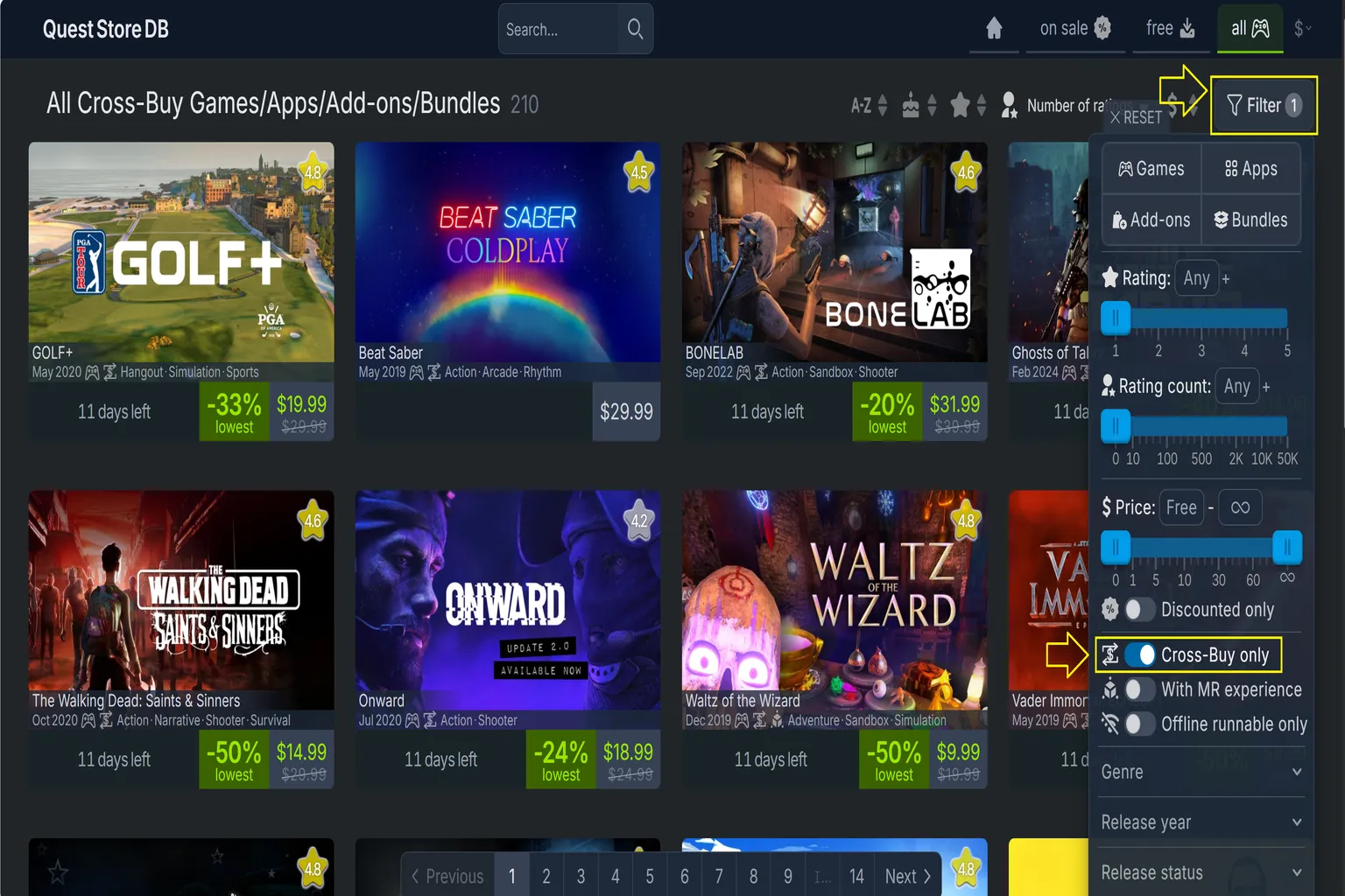 Quest Store DB filter with Cross-Buy only checked, showing only games that support both Quest and Rift. This is the fastest way to pre-check compatibility.