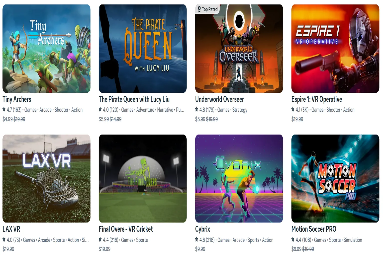 The Meta Quest indie games free rotation list, showing multiple VR titles such as Tiny Archers, The Pirate Queen, Espire1, and Lax VR.