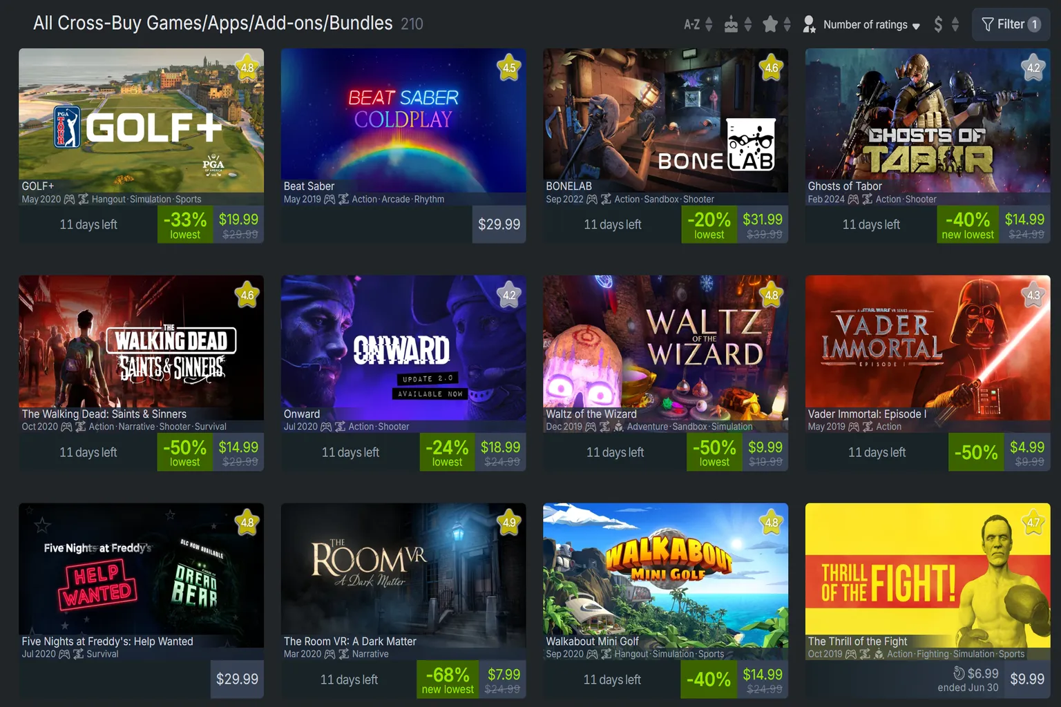Quest Store DB page showing the All Cross-Buy Games list. This is a reference list of officially marked Cross-Buy titles, but it’s not perfectly accurate.