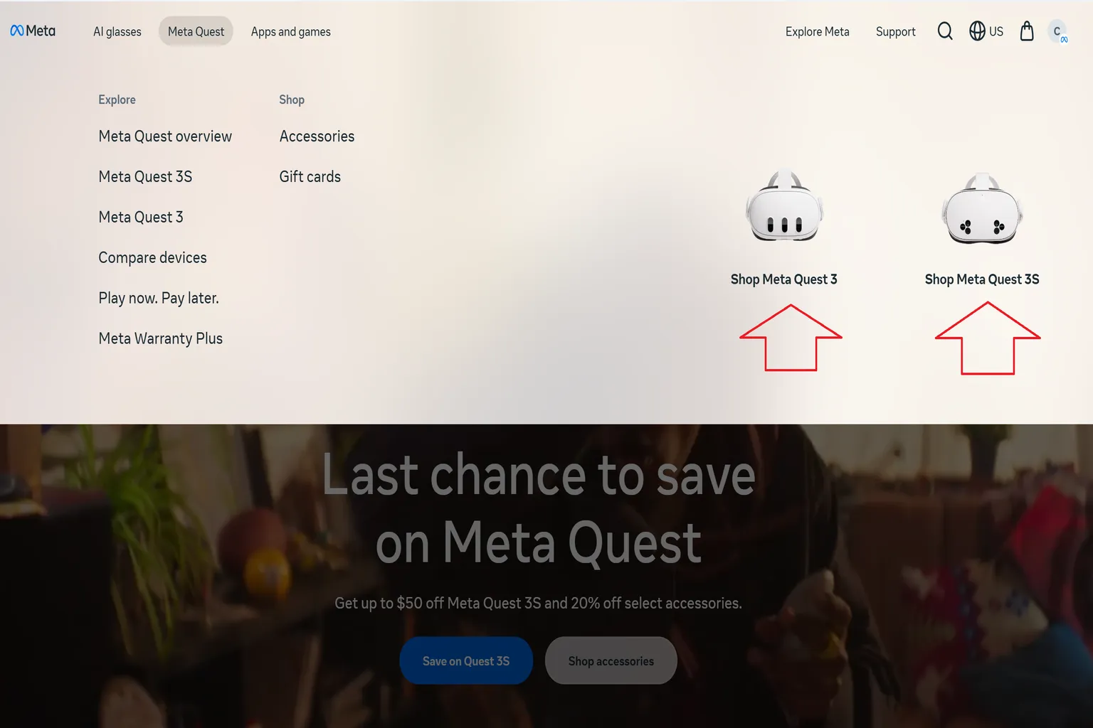Meta official dropdown menu showing Quest 3 and Quest 3S options, with a red arrow indicating where to enter the headset product page.