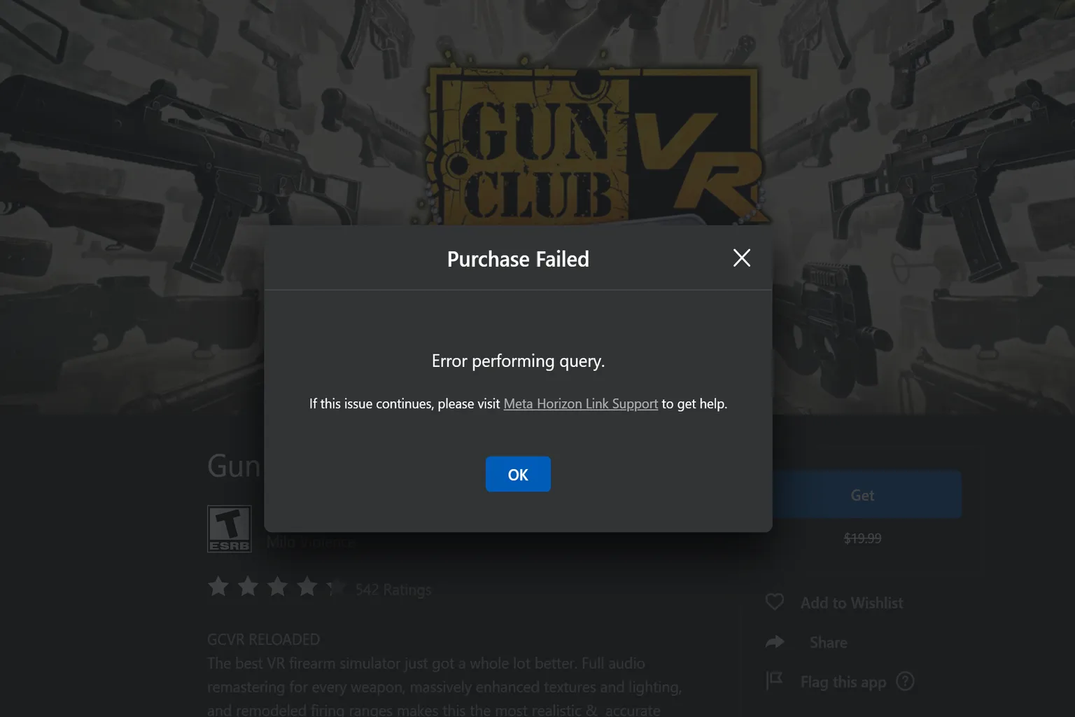 Gun Club VR is a Cross-Buy exception title where the PC version may fail to download from the app. The system shows purchase failure or search error messages.