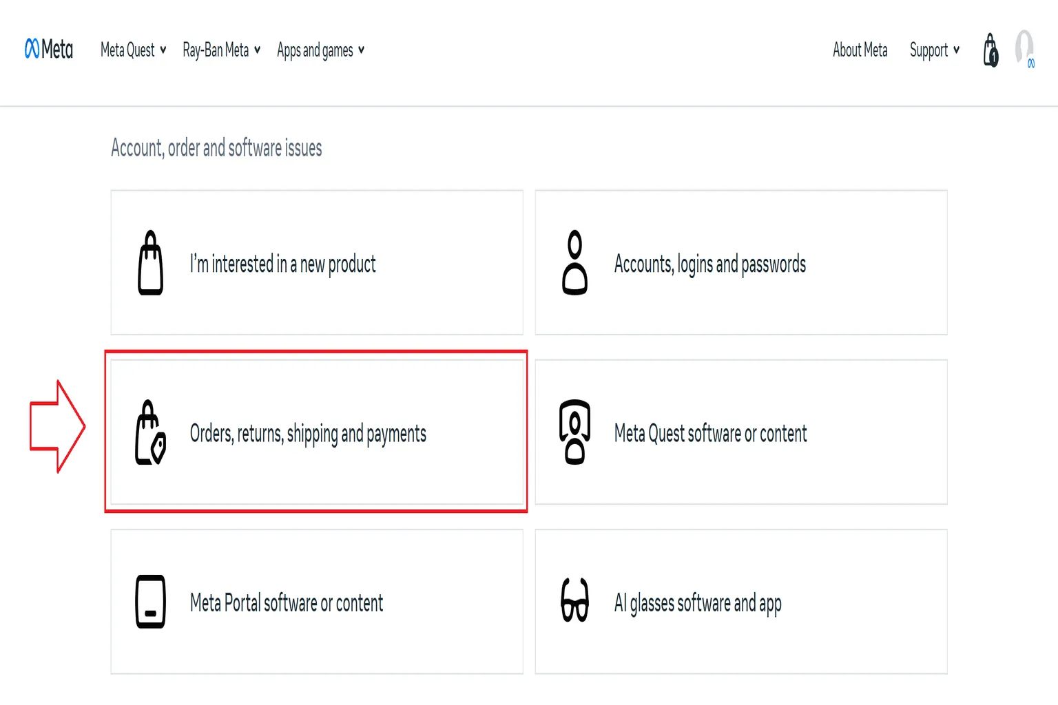 Meta Support issue category selection page with the user choosing “Orders, returns, shipping and payments” as the problem type