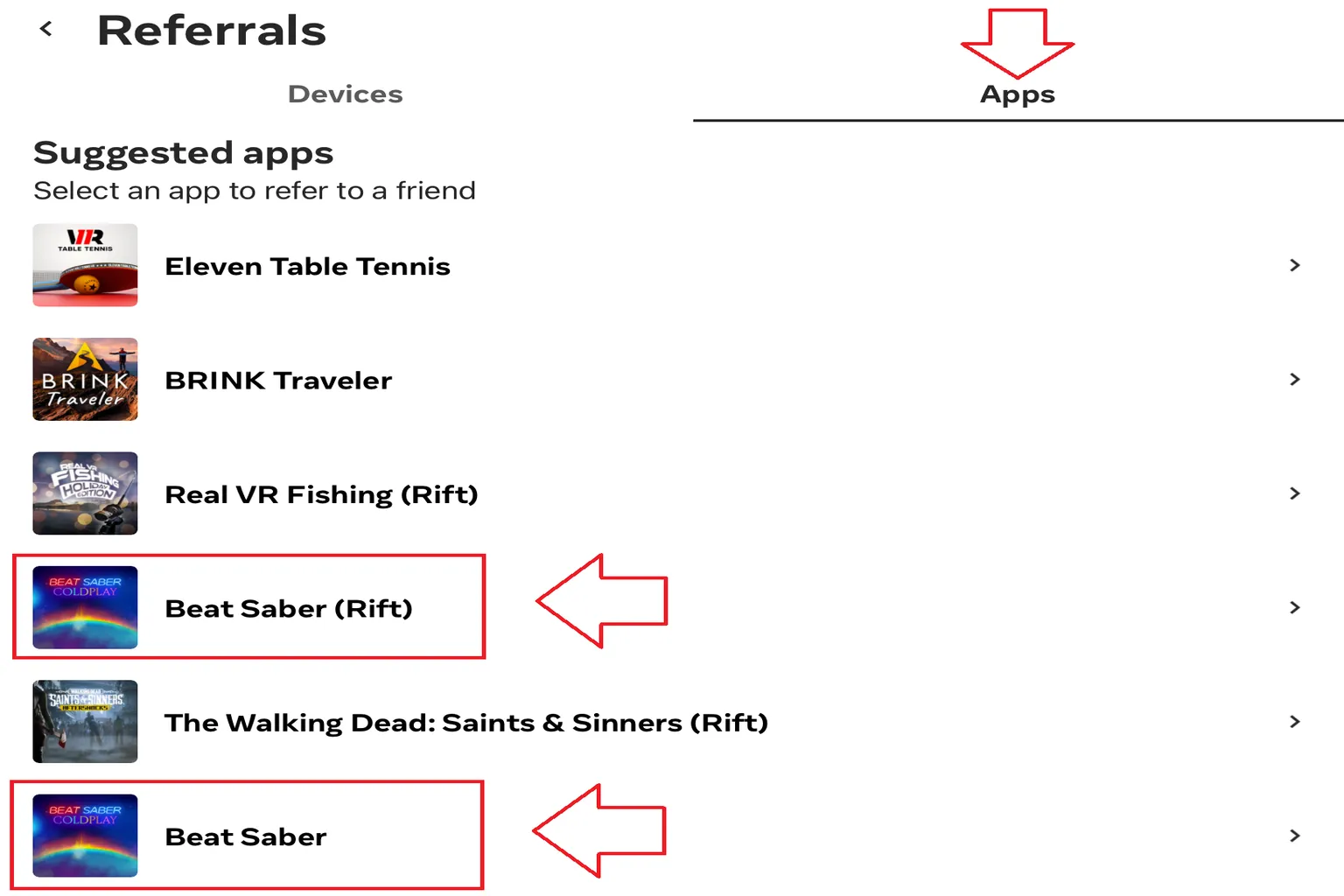 Meta referral page, showing Beat Saber listed with both Rift and Quest versions, which is one of the key indicators for confirming Cross-Buy support.