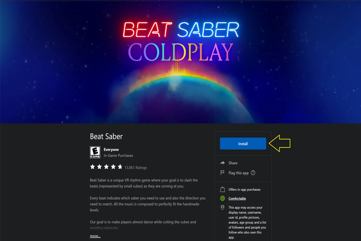Meta PC software screen, showing Beat Saber available for direct download instead of requiring another purchase, indicating that the PC VR version is already owned through Cross-Buy.