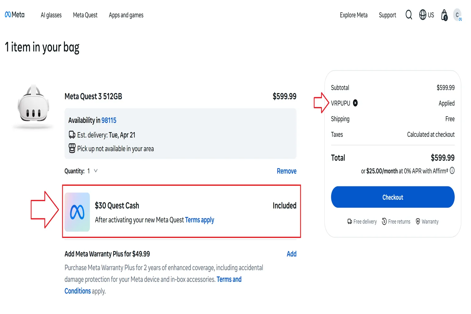 Meta Quest 3 (512GB) checkout screen showing VRPUPU discount code applied on the right and “$30 Quest Cash” included in the order summary