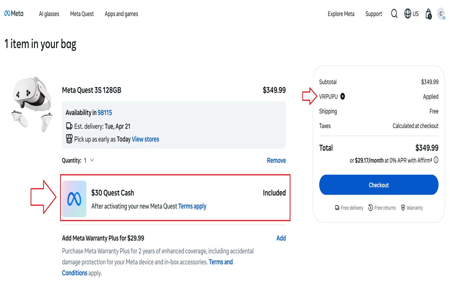 Meta Quest 3S purchase page with VRPUPU discount code successfully applied, showing “-$50” in the subtotal and $30 Quest Cash included